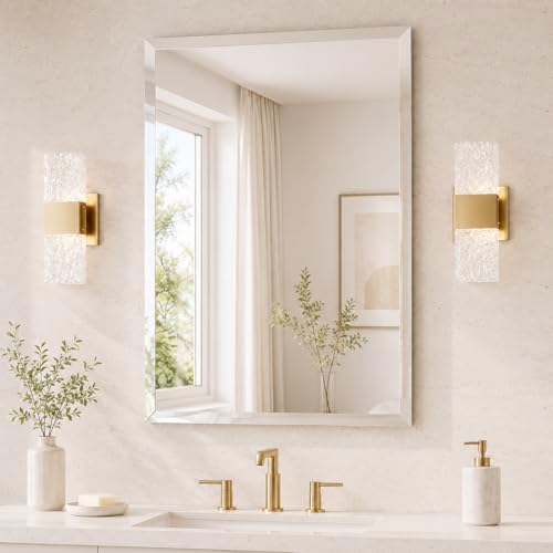 24x36 Inch Rectangle Frameless Bathroom Vanity Mirror with Beveled Edge - Shatterproof Wall Mounted Decorative Glass with Safety Backing for Living Room Bedroom Hallway Entryway - Fab Glass and Mirror - size: 24"L x 36"W, style: Rectangle