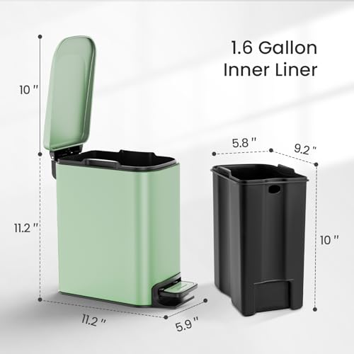 Cesun Small Bathroom Trash Can with Lid, 1.6 Gal, Soft Close, Sage Green | Step pedal soft close, Slim 5.9in fits narrow spaces, Stainless steel, Anti-fingerprint, Removable inner bucket, Odor seal - color: Sage Green