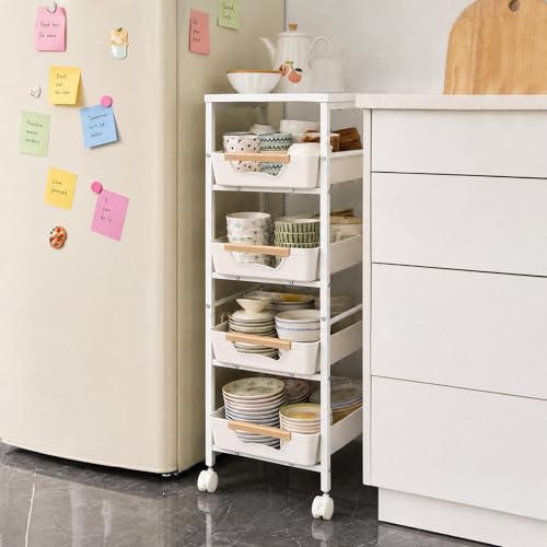 Garvee 5-Tier Slim Rolling Storage Cart, 9.5" Wooden Top Narrow Kitchen Carts on Wheels with Pull-Out Baskets, Mobile Shelving Unit Organizer for Kitchen, Bathroom, Laundry Room, Small Spaces