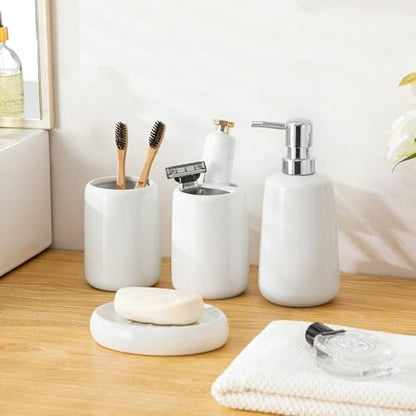 vancasso White Bathroom Accessories Set, Ceramic Soap Dispenser and Toothbrush Holder Sets, Stoneware 4 Pcs Bathroom Sink Set for Modern Home Decor - style: White