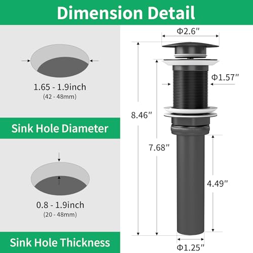 Bathroom Sink Drain Without Overflow, Pop Up Sink Drain, Matte Black | Vessel Sink Drain No Overflow, All Metal Stainless Steel Pop Up Bathroom Sink Stopper, Lavatory Vanity Sink Drain Assembly