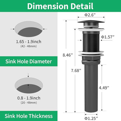 Bathroom Sink Drain Without Overflow, Pop Up Sink Drain, Matte Black | Vessel Sink Drain No Overflow, All Metal Stainless Steel Pop Up Bathroom Sink Stopper, Lavatory Vanity Sink Drain Assembly