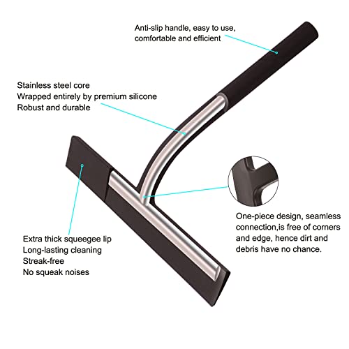 Silicone Shower Squeegee, Black, 9 inch | All-Purpose, For Shower Glass Door, With Hook, Household Cleaner Tool - size: 9 inch(1 hook)