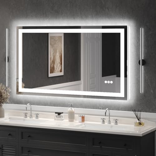 USHOWER LED Bathroom Mirror 55x30 Inch Tempered Glass - Frameless LED Backlit Lighted Mirror for Bathroom Vanity with Anti-Fog, 3 Colors Dimmable, Memory Function, Wall-Mounted | Tempered Glass - Frameless Backlit Lighted Mirror for Bathroom Vanity with A