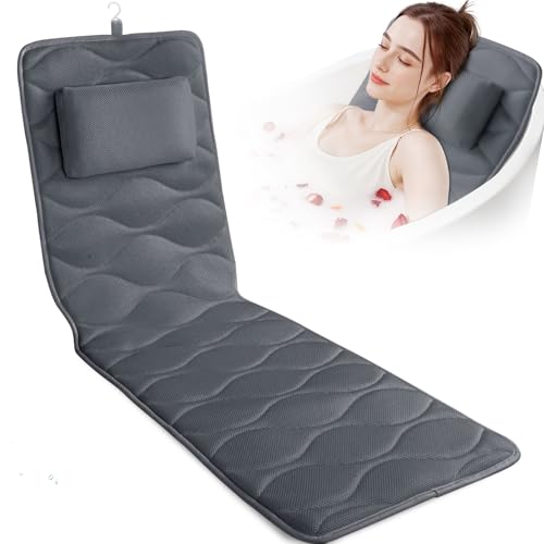 TranquilRelax Bath Pillow for Tub with Laundry Bag & 17 Non-Slip | Suction Cups,Extra Thick and Soft Bathtub Pillow for Head, Neck & Shoulder Support, 56" x 16" Grey
