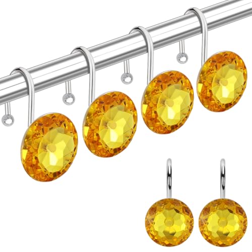 12PCS Stainless Steel Shower Curtain Hooks Rings for Bathroom, Rust Proof Metal Crystal Rhinestones Bling Shower Curtain Rings Hangers for Shower Curtains Decorative, Round Heavy Duty Design (Yellow) - color: Yellow, size: 12pcs