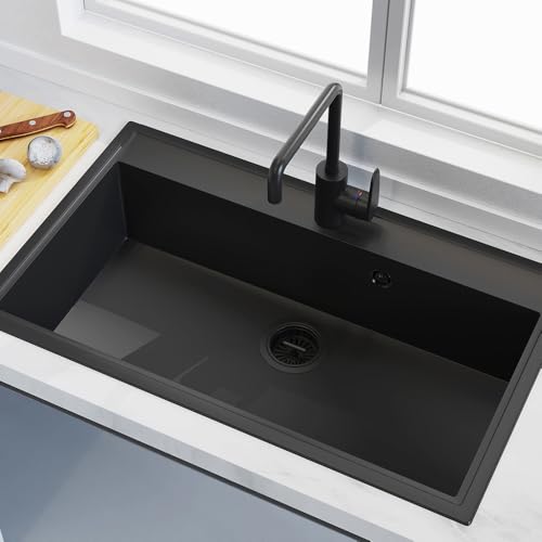 KONE Black Kitchen Sink Drain Matte Black Sink Strainer 3-1/2 Inch Drain Assembly Kit Replacement for Universal 3.5 Inch Kitchen Sink, All Stainless Steel Body with Strainer Basket and Drain Stopper - color: Pure Black