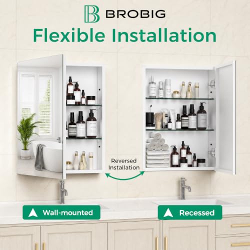 20 x 26 Aluminum Medicine Cabinet Mirror, Moisture & Rust Resistant Bathroom Wall Cabinet with Mirror, Recessed or Surface Mount with Adjustable Shelves, Tempered Glass & Soft Close Hinges - size: 26"L x 20"W