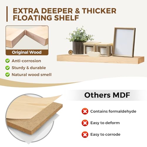 Solid Wood Floating Shelves, 36 Inch Wall Shelves, Set of 2, Wood | 8 Inch Deep, 1.6 Inch Thick, Extra-Wide Display Space, Mounting Hardware Included, For Kitchen, Bathroom and Living Room - color: Wood, size: 36x8x1.6