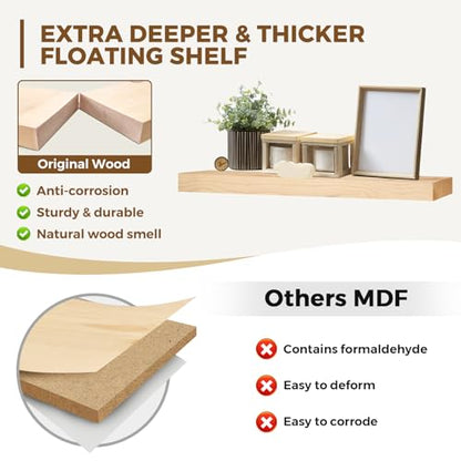 Solid Wood Floating Shelves, 36 Inch Wall Shelves, Set of 2, Wood | 8 Inch Deep, 1.6 Inch Thick, Extra-Wide Display Space, Mounting Hardware Included, For Kitchen, Bathroom and Living Room - color: Wood, size: 36x8x1.6