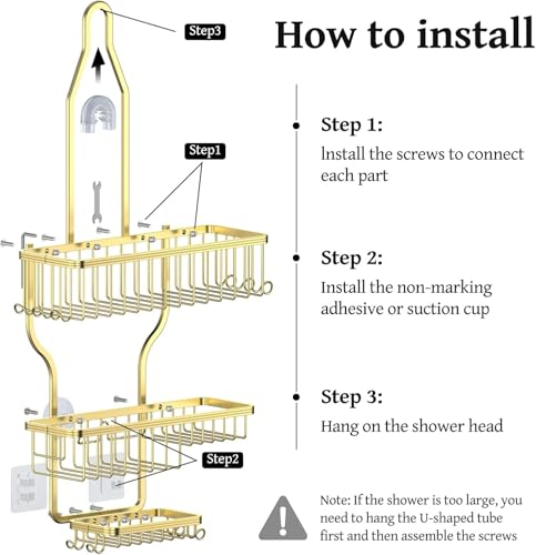 Never Rust Shower Caddy Hanging, Aluminum Shower Racks for Inside Shower, 3-Tier Shower Organizer Hanging Over Shower Head with Hooks and Soap Holder, Gold - color: Gold