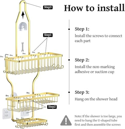 Never Rust Shower Caddy Hanging, Aluminum Shower Racks for Inside Shower, 3-Tier Shower Organizer Hanging Over Shower Head with Hooks and Soap Holder, Gold - color: Gold