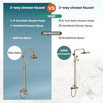 gotonovo Exposed Shower Faucet Set with Tub Spout Antique Brass | Brass Bathroom Shower System,8 Inch Rainfall Head with Handheld Spray and Tub Filler,Adjustable Height,6’’ Hole Distance - color: Antique Gold