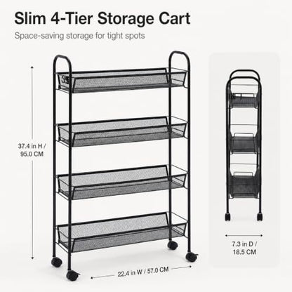 American Dream Black 4-Tier Mesh Basket Rolling Cart with Wheels Slim Metal Storage Organizer Trolley, 22.4" x 7.3" x 37.4" - color: Black