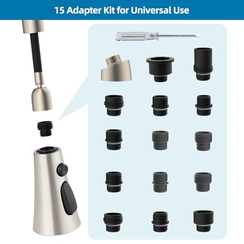 Kitchen Faucet Head Replacement with 15 Adapter Kit, Brushed Nickel | Compatible with American Standard/Kohler/Moen/Delta Faucets, 3 Function Pull Down Sink Faucet Spray Head