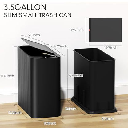 Bathroom Trash Can with Lid 13 Liter/ 3.5 Gallon Black Trash Can with Pop-Up Lid Bedroom Trash Can Small Garbage Can with 150 Counts Trash Bags for Small Bathroom Bedroom Office - color: Black