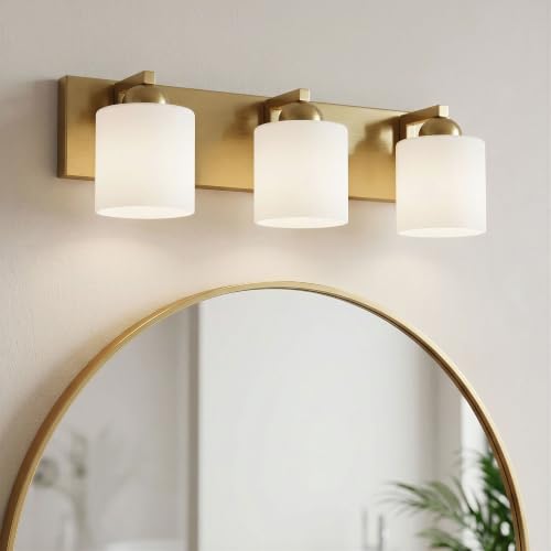 mirrea 3-Light Brushed Gold Bathroom Vanity Light with White Glass Shades | Over Mirror,Wall Sconce,ETL listed,Bathroom Lighting Fixtures,Elegant Design,Milk White Glass Shade,Easy Installation - color: Brushed Gold, size: 3-light