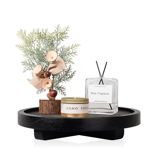 Round Decorative Tray Farmhouse Kitchen Decor Soap Dish, 8" Black | Waterproof, Lightweight, Easy Clean, Wood Riser Pedestal Stand Accessories for Office Desk, Vanity, Counter, Sink - color: Black, size: 8"