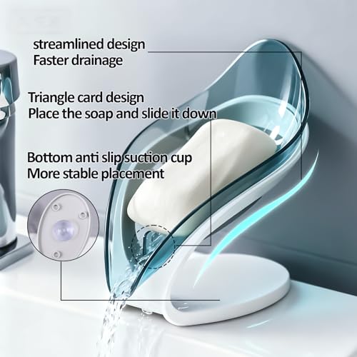 Self Draining Leaf Soap Dish – Easy to Clean Waterfall Soap Holder, Multi-Use for Shower, Bathroom & Kitchen Sink, Durable & Stylish (Blue) - color: Blue