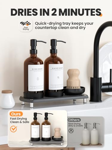 [Luxury] Kitchen Soap Dispenser Set - 16OZ Amber Glass Bottle, Stainless Steel Pump, Instant Dry Tray, Waterproof Labels, Non-Slip Silicone Pad, and Dish Brush | Upgrade for Your Kitchen and Bathroom - color: Amber Bottle + Black Pump