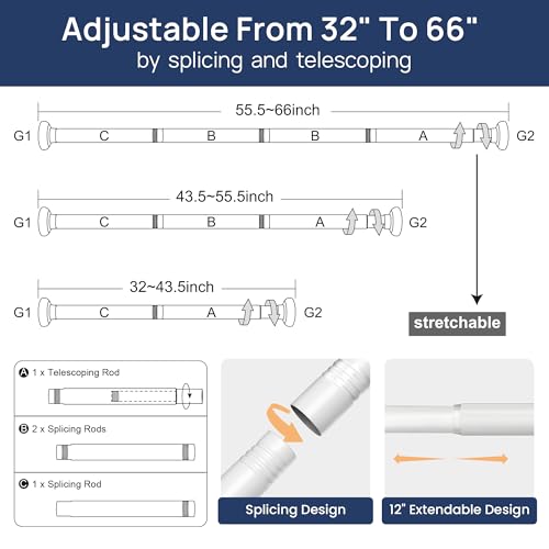 ENJOYBASICS 2 Pack Tension Curtain Rod, 32-66" Adjustable, Stable, White | Secure Hold with Strong Spring & Non-Slip Ends, No-Drill, No Tools, Sag-Resistant, Waterproof, Fits Windows, Showers & Closet - color: White, size: 32-66"