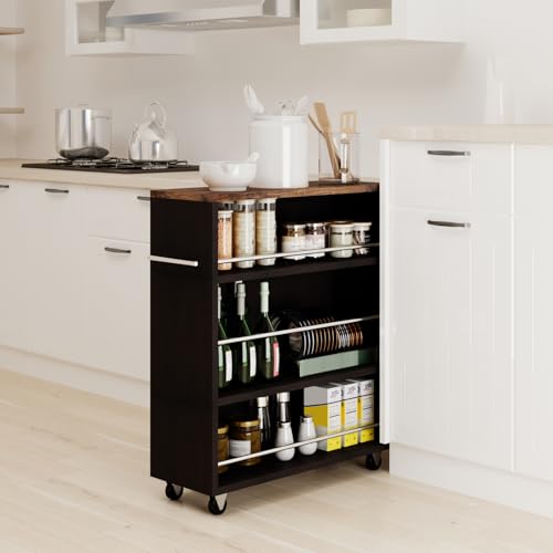 4-Tier Slim Rolling Cart with Wheels, 7.9"W Narrow Storage, Black & Brown | 4 adjustable MDF shelves (20 lbs each), 360° casters + side handle, Fits kitchen, laundry, bathroom & dorm tight gaps - color: Black