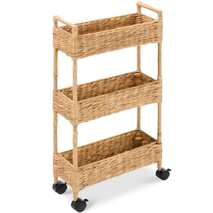 Best Choice Products 3-Tier Slim Water Hyacinth Rolling Nursery Caddy w/Wheels, Handwoven Utility Cart, Narrow Storage Organization for Bathroom, Craft Room, Laundry Room - Natural - color: Natural