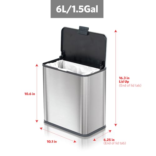 Glad Roomate Under Counter Trash Can - Space Saving Stainless Steel Waste Bin with Dual Lid and Clorox Protection - Small Trash Can for Kitchen Cabinet, Under Sink, or Bathroom, 1.5 Gallon (6L) - color: 6 Liter All Stainless