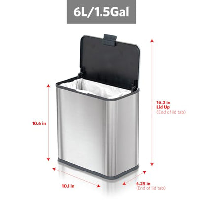 Glad Roomate Under Counter Trash Can - Space Saving Stainless Steel Waste Bin with Dual Lid and Clorox Protection - Small Trash Can for Kitchen Cabinet, Under Sink, or Bathroom, 1.5 Gallon (6L) - color: 6 Liter All Stainless