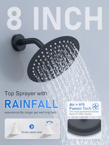 Woindo Shower Faucet Set 10" Rain Shower Head/8'' Side Shower Head and 3 Setting Handheld Ceiling Mount 3 Push Button Diverter Complete Rainfall Round Shower System Included Valve Trim Kit - color: Matte Black, style: 10"-R-Ceiling-02
