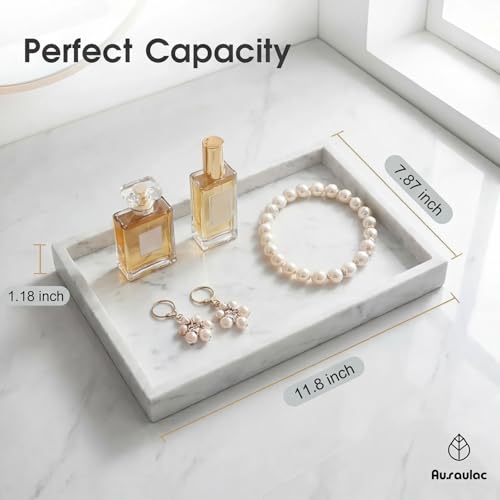 Natural Marble Tray Heavyweight Stone Vanity Tray for Bathroom Countertop, Coffee Table & Dresser - Handcrafted Rectangular Organizer (White X, 12" x 8" x 1.2") - color: White X