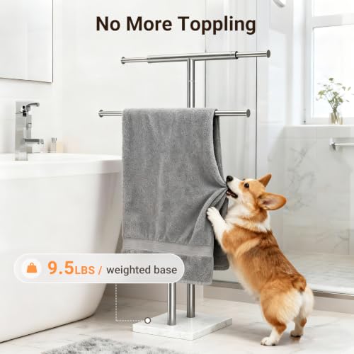 ELYKEN Standing Towel Rack for Bathroom, Adjustable 2-Tier Towel Stand | Weighted Marble Base, Brushed Stainless Steel, Freestanding Design, Holds Bath Towels, Rust Resistant, Ideal for Bathroom - size: 2 Tiers