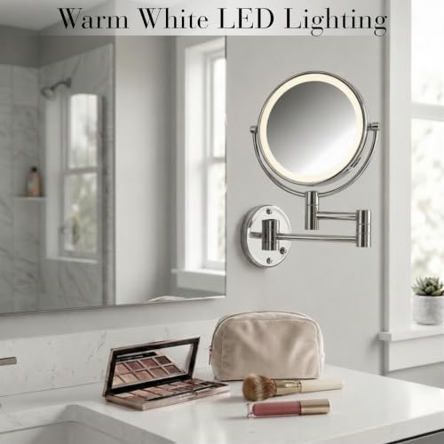 JERDON Hardwired Wall-Mount Makeup Mirror - 8X/1X - Chrome - HL88CLD | 8.5" Round Frame, 13.5" Wall Arm, LED Lighting, Direct Wire Installation - color: Chrome Direct Wire