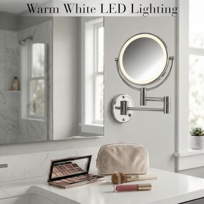 JERDON Hardwired Wall-Mount Makeup Mirror - 8X/1X - Chrome - HL88CLD | 8.5" Round Frame, 13.5" Wall Arm, LED Lighting, Direct Wire Installation - color: Chrome Direct Wire