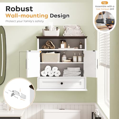 Bathroom Wall Cabinet, Wall Mounted Medicine Cabinet 24.4"H x 23.6"W x 9"D | With Drawer, Barn Doors & Adjustable Shelf, White Over Toilet Farmhouse Storage Cabinet for Kitchen, Laundry Room, Entryway - color: White