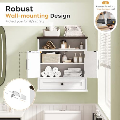 Bathroom Wall Cabinet, Wall Mounted Medicine Cabinet 24.4"H x 23.6"W x 9"D | With Drawer, Barn Doors & Adjustable Shelf, White Over Toilet Farmhouse Storage Cabinet for Kitchen, Laundry Room, Entryway - color: White