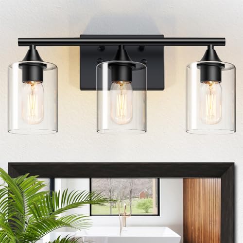 Bathroom Lighting Fixtures Over Mirror,3-Light Black Bathroom Vanity Light,Sconces Wall Lighting with Clear Glass Shade,Light Fixture for Bedroom Living Room Vanity Table Hallway - color: Black, size: 3-Light
