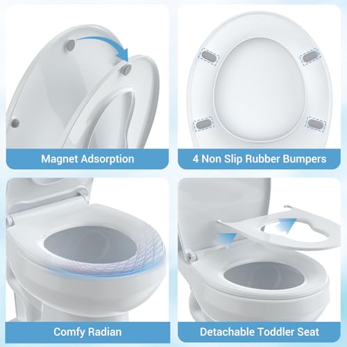 Round Soft Close Toilet Seat with Toddler Training Lid – Non-Slip, Home Style, Locking Structure, Mother-and-Child Cover, Copper + Lock Fixing Bolt – Fits Adults & Children – White Short Round, - size: Round with Toddler Seat