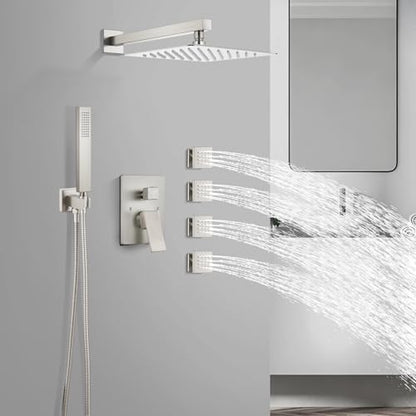 gotonovo Rainfall Shower System with Full Body Jets 4pcs Brushed Nickel | 12’’ Rainfall Shower Head with Handheld Spray Combo,Wall Mount,Rough-in Valve and Trim Kit,Brass Body Message Jets,All Metal - color: Nickel