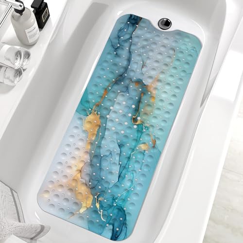Marble Bath Tub Mat Non Slip, Green Blue Marble Non Slip Bath Mat for Shower, Large Washable Shower Mats for Showers with Drain Holes and Suction Cups,40 X 16 Inch - color: Green Blue Marble