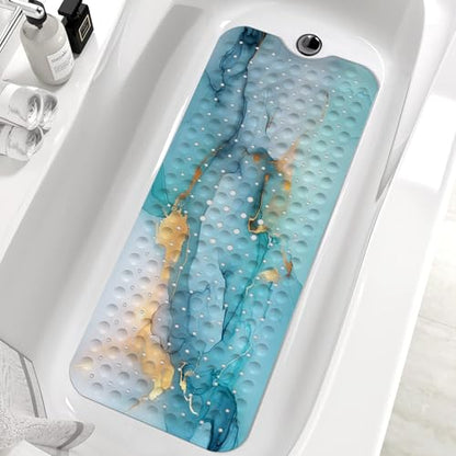 Marble Bath Tub Mat Non Slip, Green Blue Marble Non Slip Bath Mat for Shower, Large Washable Shower Mats for Showers with Drain Holes and Suction Cups,40 X 16 Inch - color: Green Blue Marble