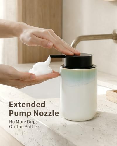 BosilunLife Hand Soap Dispenser for Kitchen, Bathroom Countertop | Foam Soap Dispenser Bathroom Ceramic Dish Liquid Soap Dispenser (White with Blue-Green Rim Foam Pump) - color: White With Blue-green Rim Foam Pump