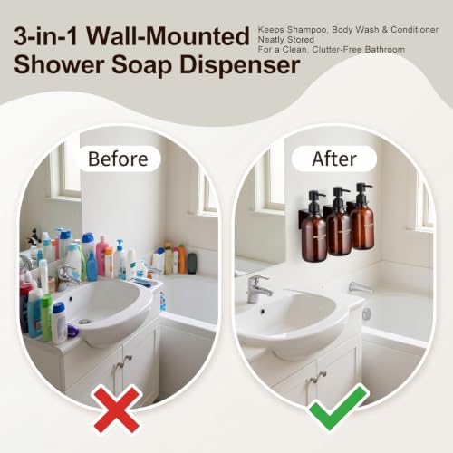 Shampoo and Conditioner Dispenser Set of 3, Amber | 16.9 oz Refillable Bottles, Black Pumps, No-Drill Wall Mount, 27 Labels, For Bathrooms, Hotels and Airbnbs - color: Dark Amber + Black Pump