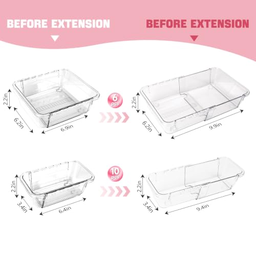 16 PCS Extendable Drawer Organizer Set Clear Stackable Vanity Storage Bins | 2-Size BPA-Free Acrylic Trays, Non-Slip Stackable Boxes for Makeup Cosmetics Office Desk Utensils Bathroom Dresser Countertop