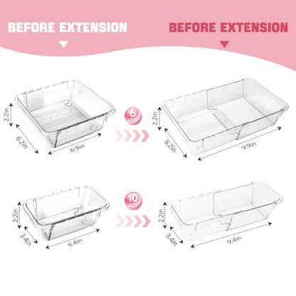 16 PCS Extendable Drawer Organizer Set Clear Stackable Vanity Storage Bins | 2-Size BPA-Free Acrylic Trays, Non-Slip Stackable Boxes for Makeup Cosmetics Office Desk Utensils Bathroom Dresser Countertop