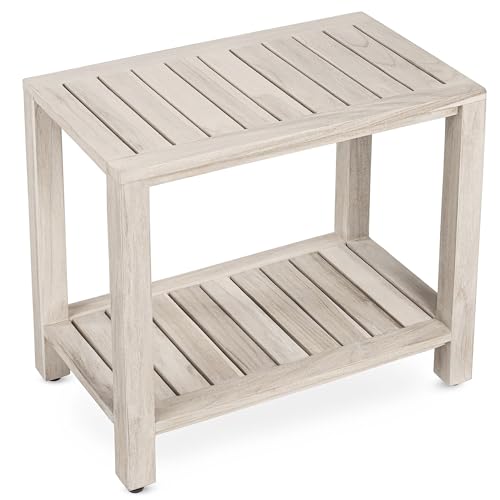Gray Teak Shower Bench with Shelf 21 Inch for Bathroom, Spa - Fully Assembled, Shower Stool, Rustic Gray Finish, The Elisa