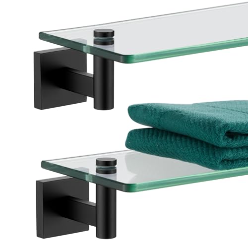 KOKOSIRI Bathroom Shelves Glass Floating Shelf 12-Inch for Bedroom Living Room Kitchen Hanging Rack Rustproof Wall Mounted Black 2 Pack B1105BK-L12-P2 - color: Matte Black, size: 12-Inch(2 Pack)