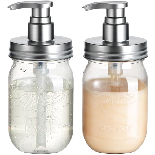 Amolliar Plastic Mason Jar Soap Dispenser with Pump Lid 16OZ - 2 Pack | Refillable BPA-Free Hand Soap Dispenser Set with Cute Lables, Farmhouse Decor for Kitchen Bathroom Liquid Dish Soap Lotion - color: Silver