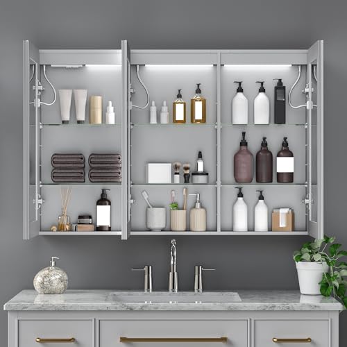 48x32" Wall-Mounted LED Bathroom Medicine Cabinet with Outlets, Anti-Fog | Surface-Mount/Recessed, Double-Sided Mirror Cabinet, 3 Color Temp, DTC Silent-Close Hinges, Adjustable Tempered Glass Shelf - size: 48"Wx32"H