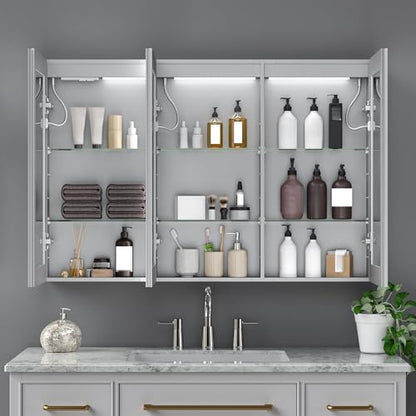 48x32" Wall-Mounted LED Bathroom Medicine Cabinet with Outlets, Anti-Fog | Surface-Mount/Recessed, Double-Sided Mirror Cabinet, 3 Color Temp, DTC Silent-Close Hinges, Adjustable Tempered Glass Shelf - size: 48"Wx32"H
